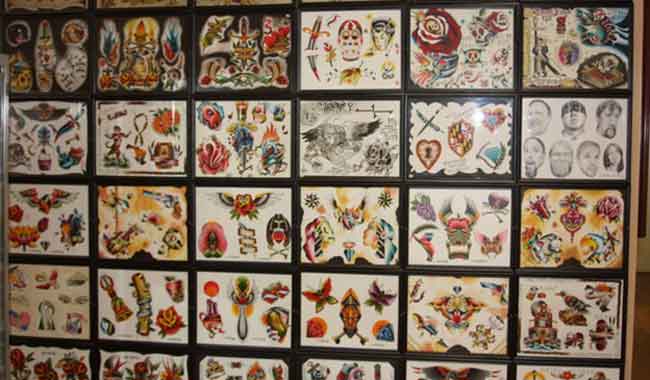 Many samples of artwork at the Baltimore Tattoo Museum, 1534 Eastern Ave, Fell's Point, Maryland